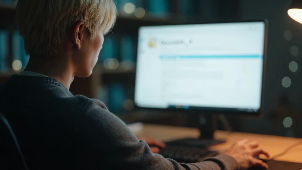 Focused Individual Engaged with Computer Screen in Dimly Lit Workspace, Emphasizing Productivity and Concentration on Task Completion Late at Night