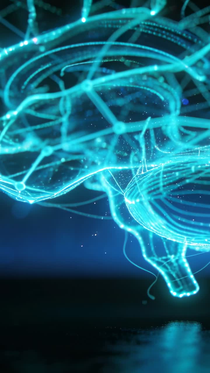 Vertical video: Sparking holographic brain pulsing along filaments in dark studio, showing activity