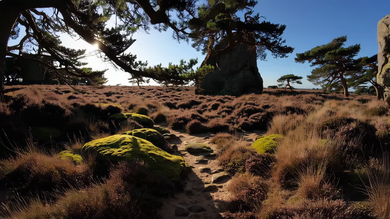 un camino iluminado por el sol a través de un bosque de pinos