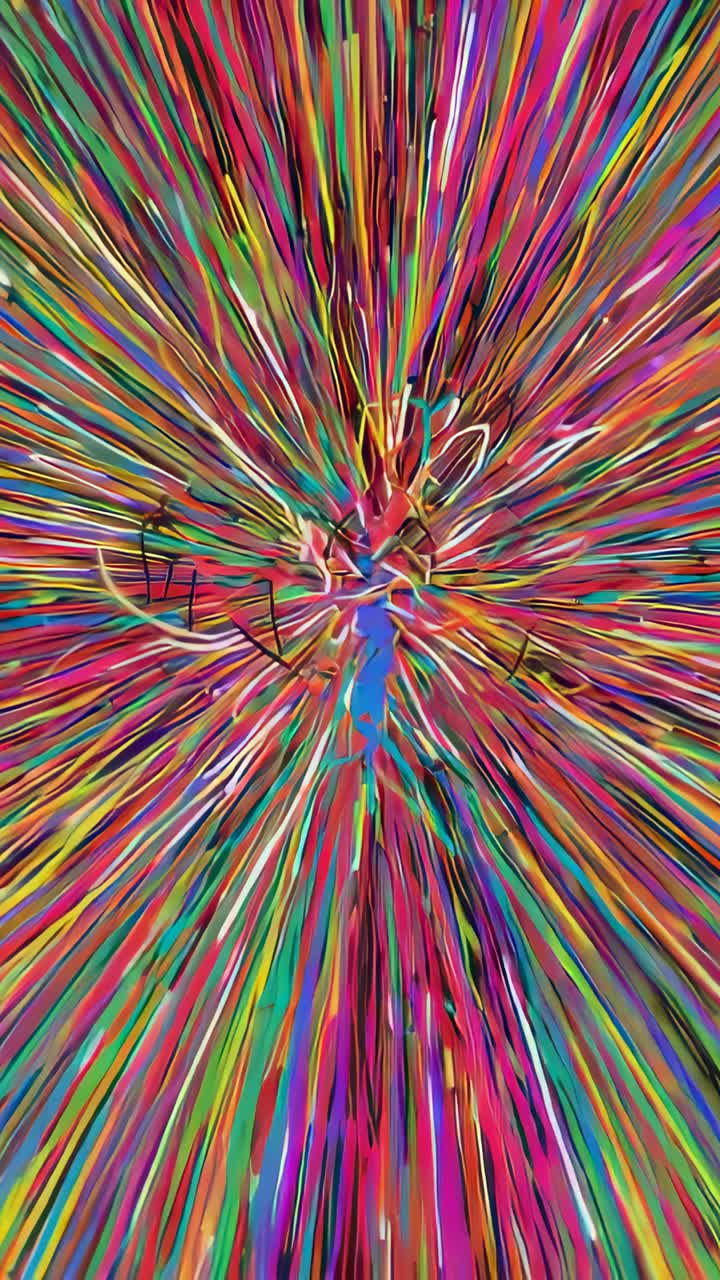 Vertical video: Starting radial burst pulsating in void, with cycling hues drawing eye inward