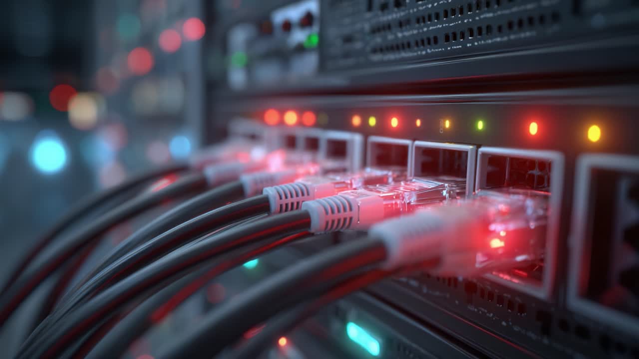 A Deep Insight into Network Connectivity: Close-Up of Lighted Ethernet Ports in a Server Rack, Showcasing Data Transmission in Modern Information Technology Infrastructure
