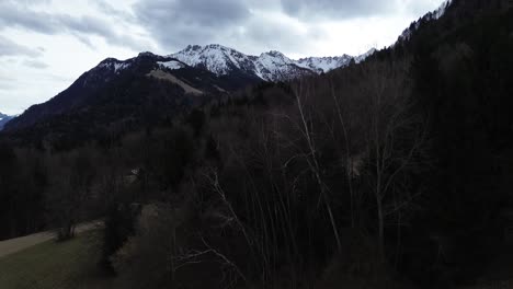 Aerial-view-of-drone-rise-up-forest-and-reveal-cloudy-nature-mountain-landscape-with-snow-covered-summits-in-Austria