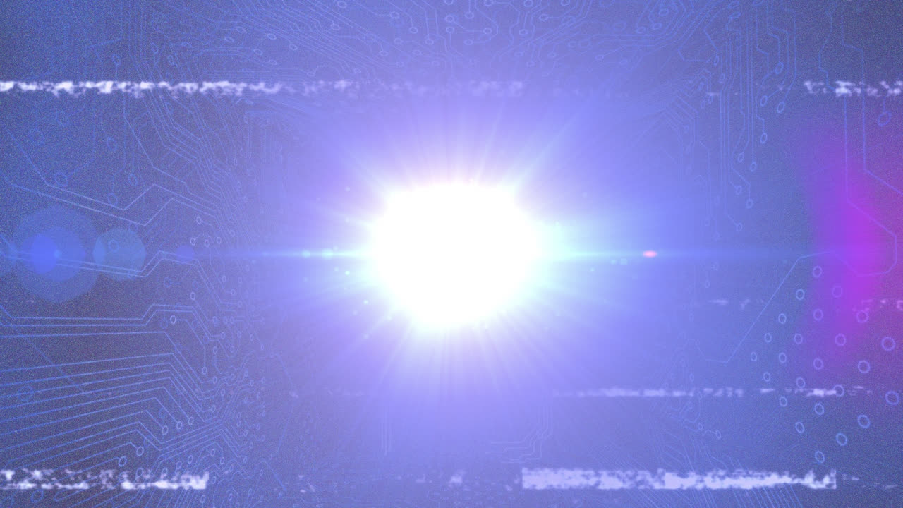 글리치 디지털 인터페이스의 회로 보드 요소와 함께 키 위의 밝은 빛의 애니메이션