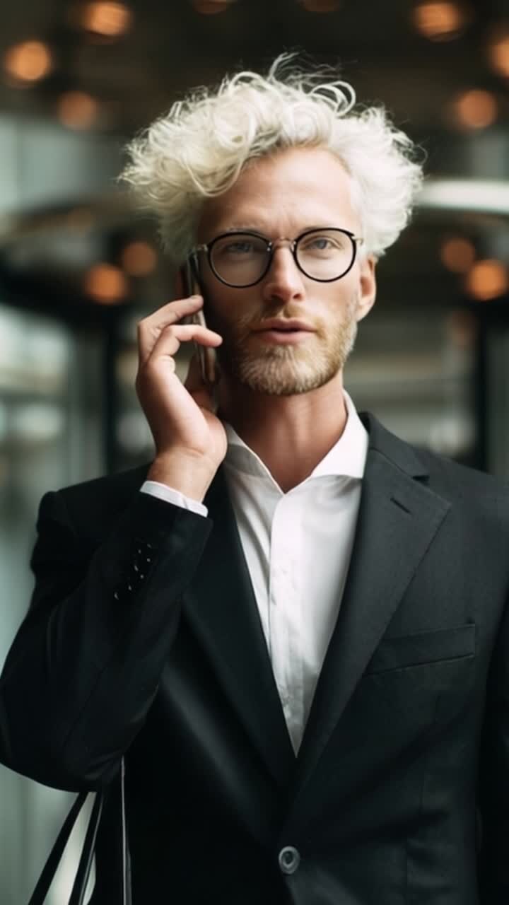 Selvsikker mann i forretningsantrekk i en telefonsamtale i et moderne kontormiljø med stilig innredning og profesjonell atmosfære