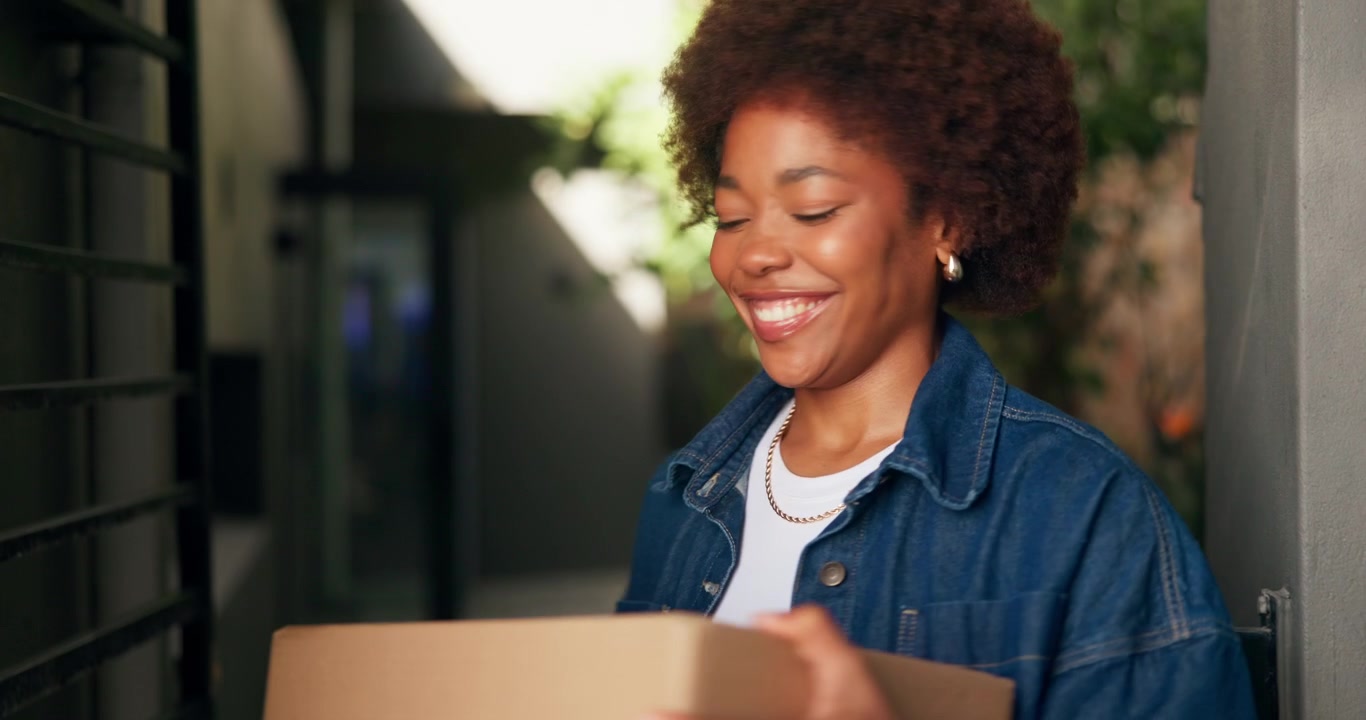 Happy Woman Receiving a Package at Her Front Door