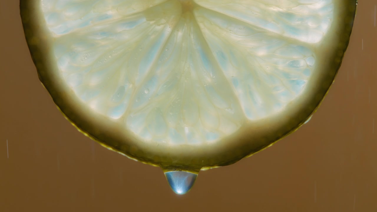 Goccia d'acqua che cade da una fetta di lime con spruzzi d'acqua sullo sfondo