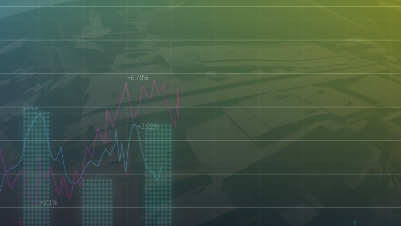 animación de múltiples gráficos con números cambiantes sobre una vista aérea de edificios modernos
