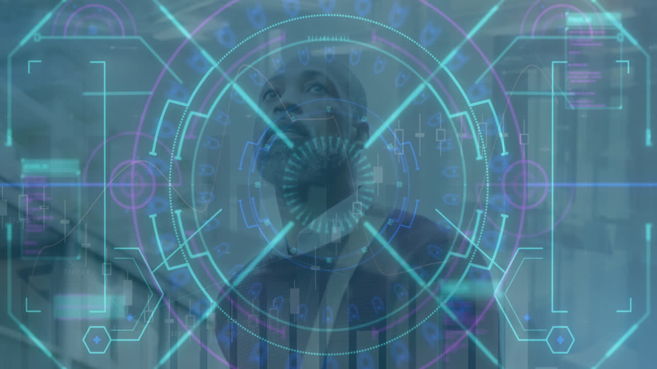 animación de procesamiento de datos y escaneo de alcance sobre empresario afroamericano