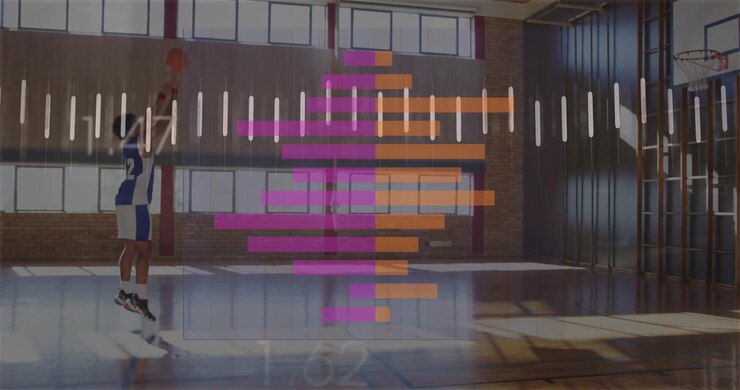 Basketball player practicing in gym with data processing animation over court