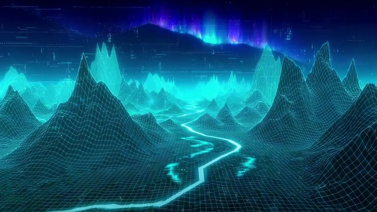 Digital Wireframe Landscape with Glowing Neon Mountains and Aurora