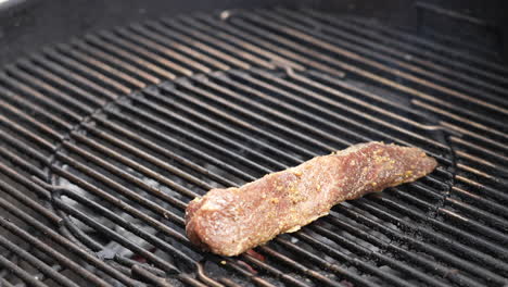 Colocando-Cortes-De-Carne-De-Res-Marinados-En-La-Parrilla-De-Carbón-Caliente-Del-Patio-Trasero---Chisporroteando-Y-Fumando-En-Cámara-Lenta