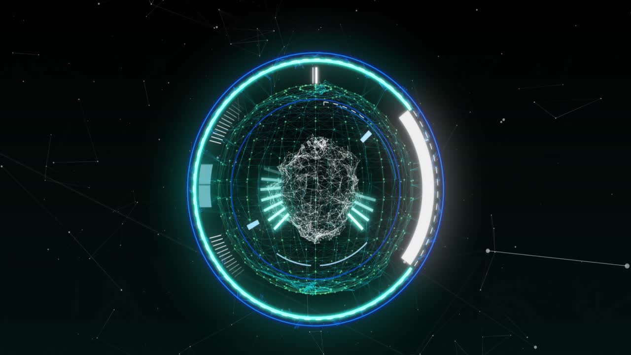 연결 네트워크의 지구는 검은 배경에 대한 둥근 스캐너를 통해 죄를 짓습니다.