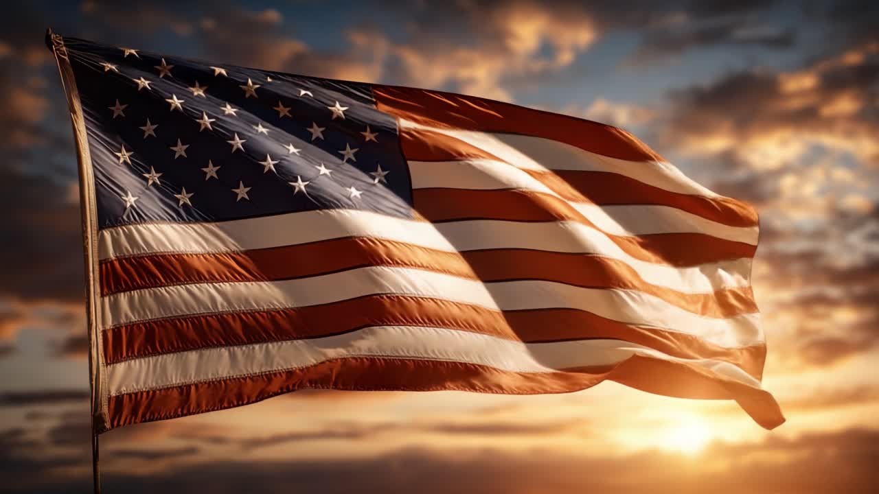 Majestætisk amerikansk flag vajer elegant ved solnedgang, symboliserende frihed og national stolthed med levende farver og en betagende himmelbaggrund