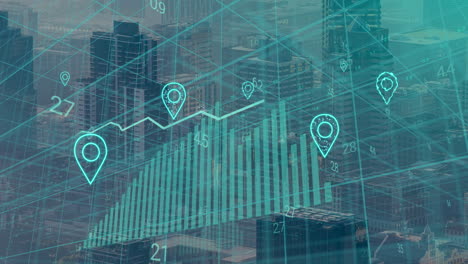 animation of statistics and data processing over cityscape