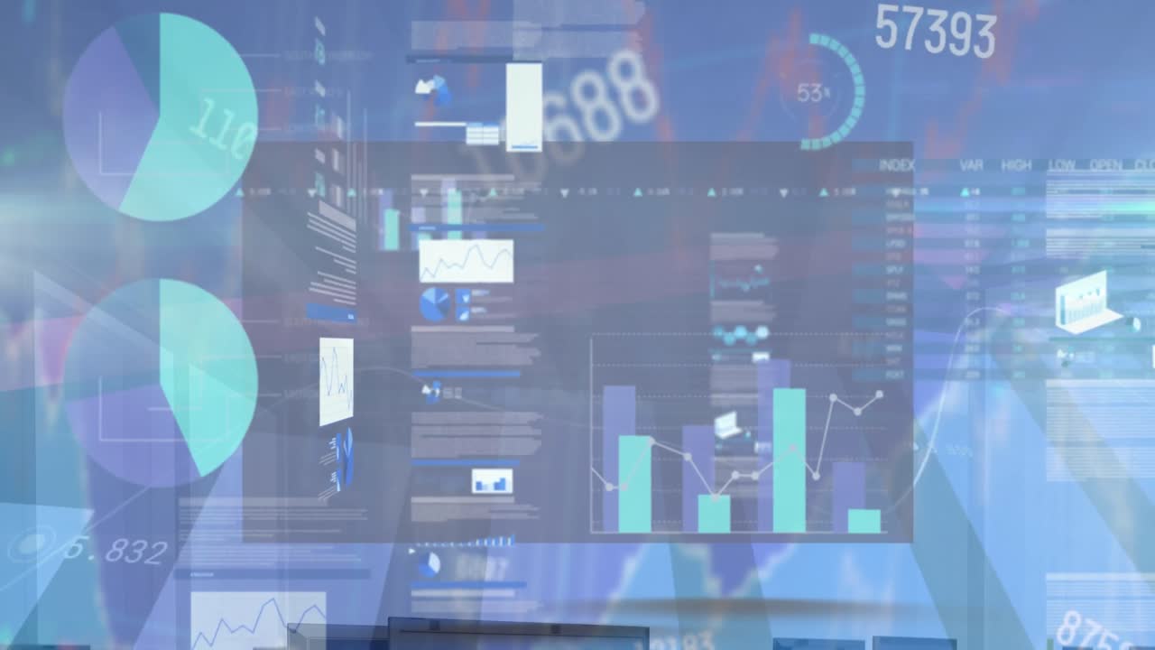 animación del procesamiento de datos estadísticos y cambio de números contra la computadora.