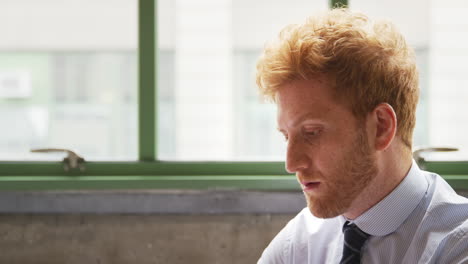 red haired businessman using laptop, head and shoulders