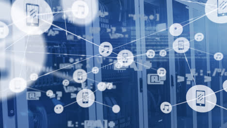 animation of network of connections with icons over server room