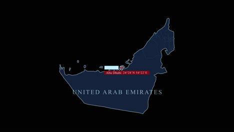 blue united arab emirates map with abu dhabi capital city and geographic coordinates on black background