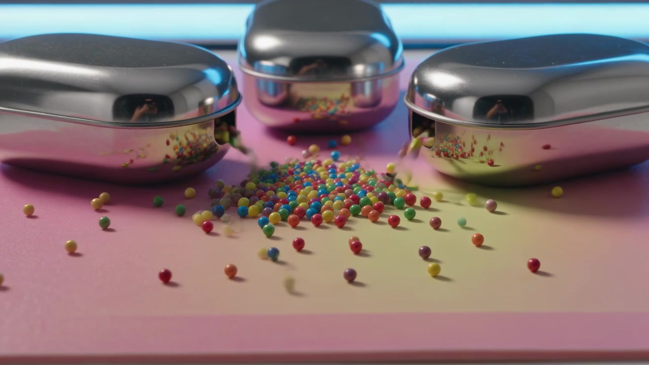 Uscendo da fori laterali, tre capsule metalliche lucide versano perline colorate su un tappetino rosa, striscia LED.