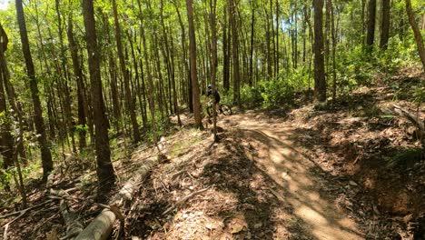 Ciclista-De-Montaña-De-Campo-Traviesa-Pasando-Rápidamente-La-Cámara-En-Un-Sendero-Australiano-Seco-Con-Un-Pequeño-Levantamiento-De-La-Rueda-Delantera