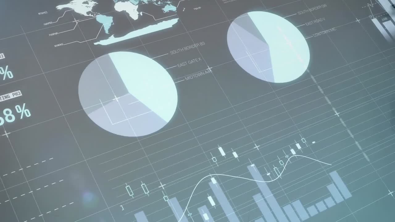 Digital composite video of statistical data processing against team of doctors running in hospital