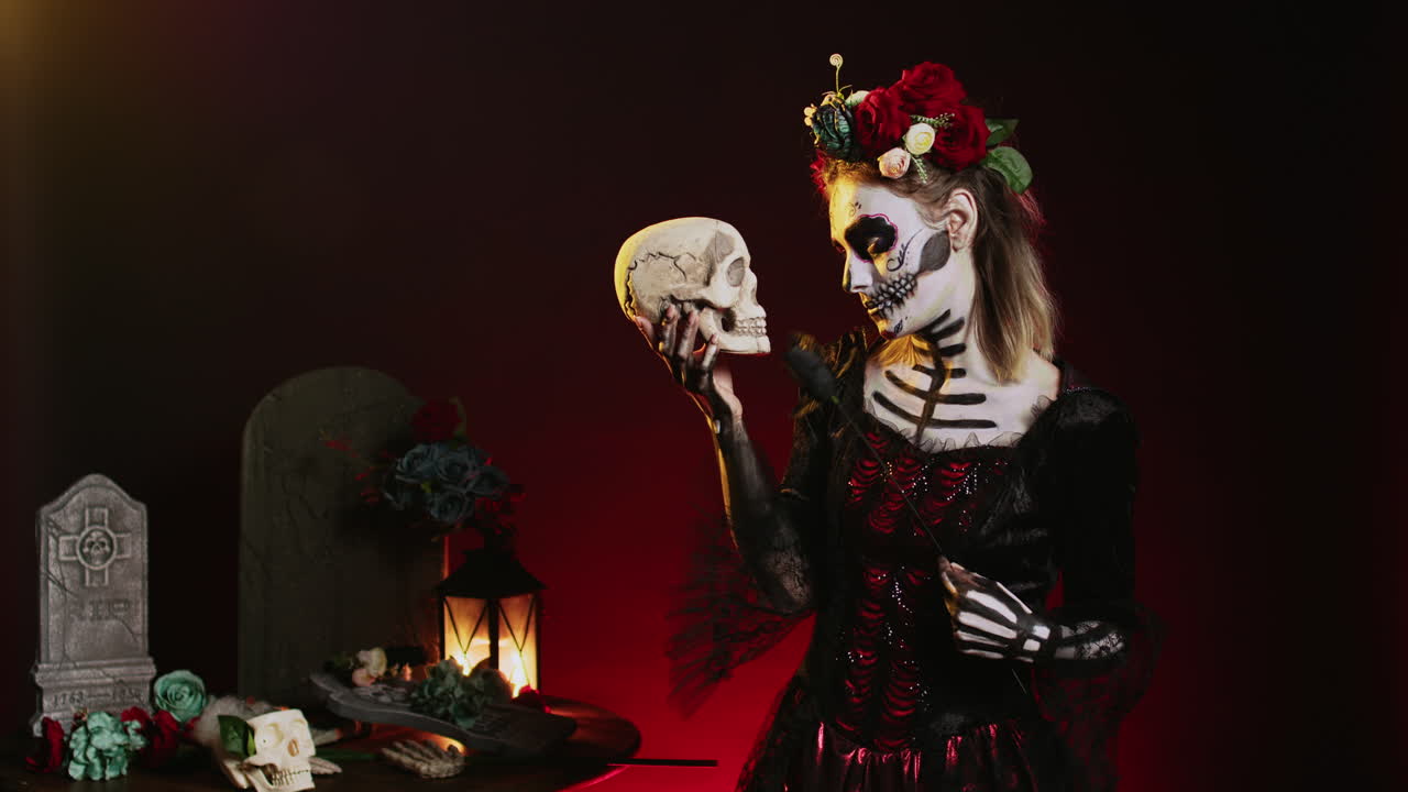 Woman with Halloween make-up holding skull