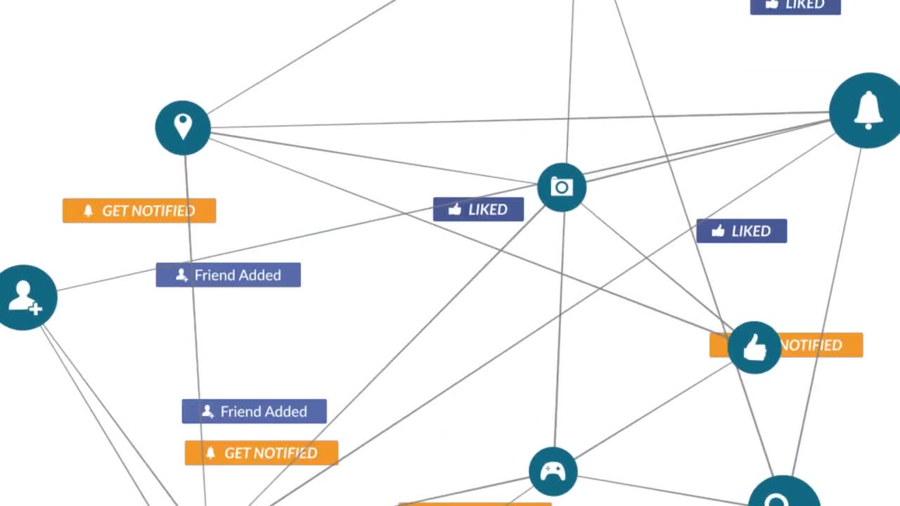 animación de los iconos de las redes sociales que caen sobre la red de conexiones