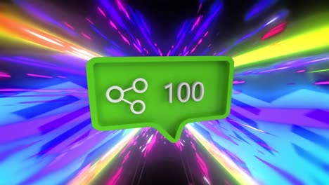 animation of social media share icon and number on green speech bubble on multi coloured background