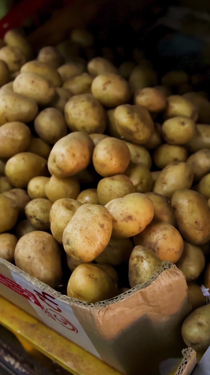 La telecamera si muove lentamente su cassette di aglio, patate e cetrioli sotto l'illuminazione naturale del mercato, evidenziando prodotti freschi in un vivace ambiente di mercato all'aperto.