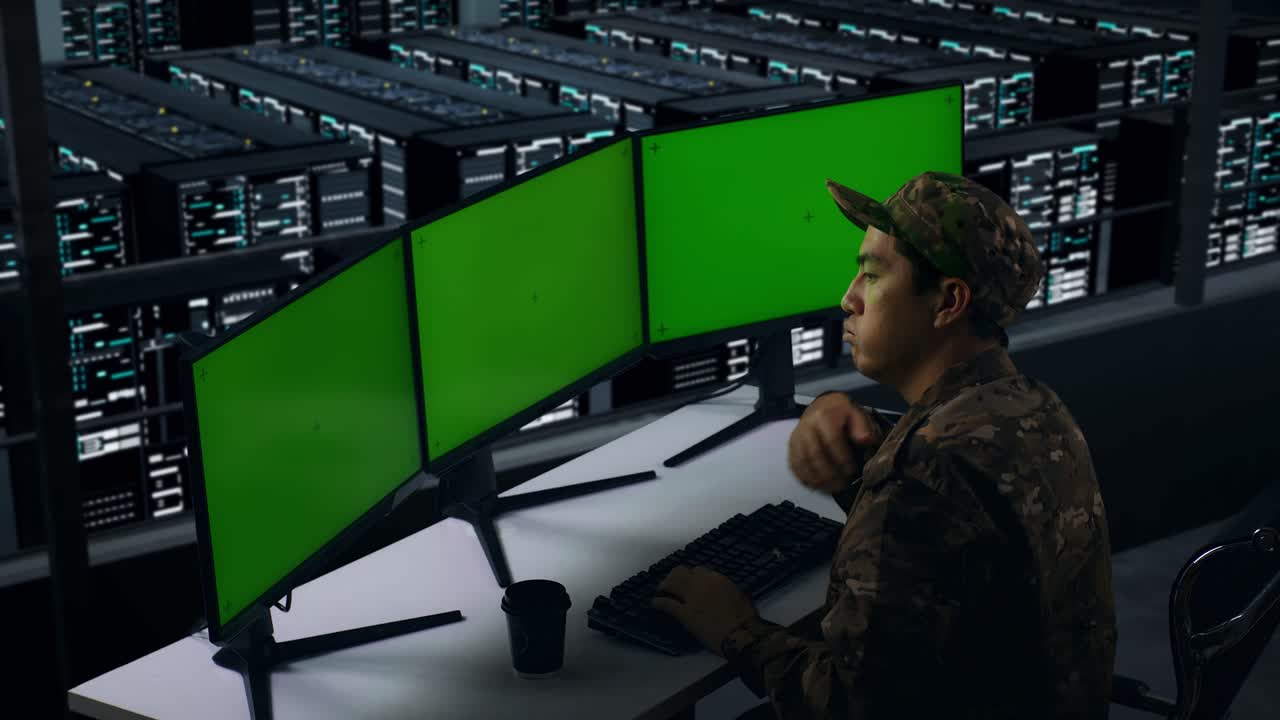 Side View Of Bored Asian Military Working With Mock Up Multiple Computer Monitor In Data Center