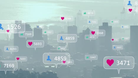 Animation-of-social-media-icons-and-data-processing-over-cityscape