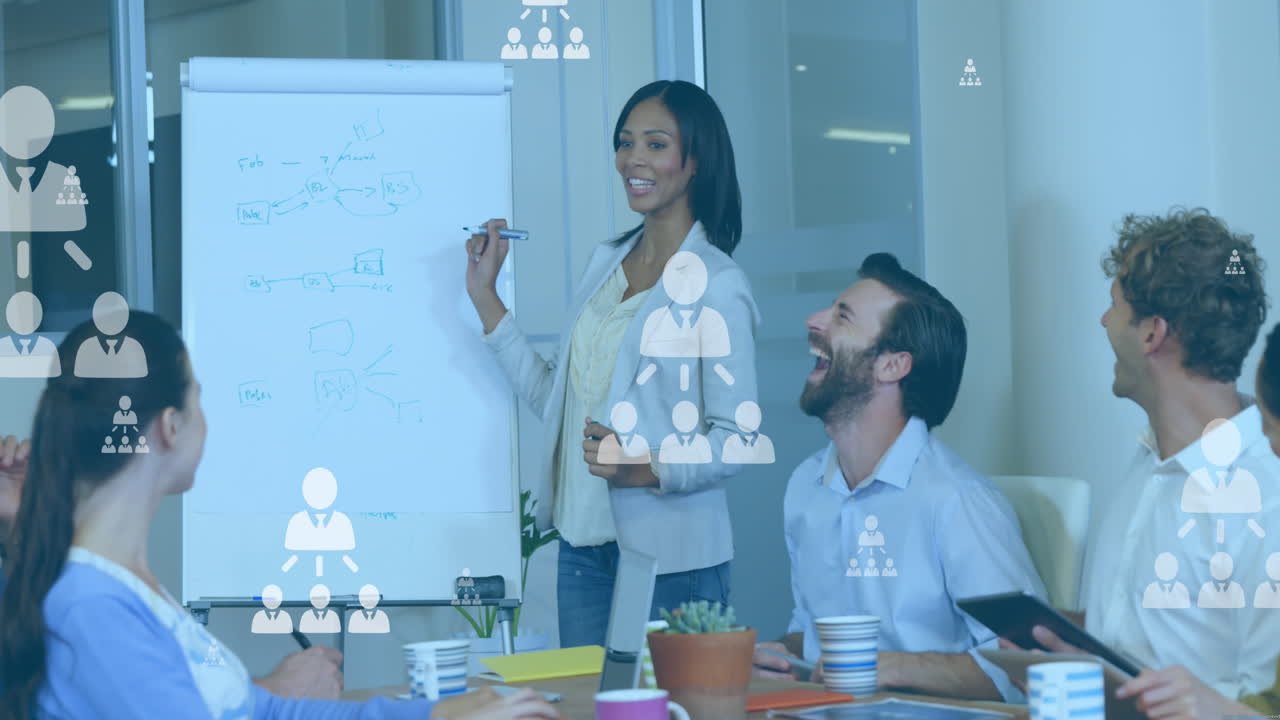Animation of icons and data processing over diverse business people in office