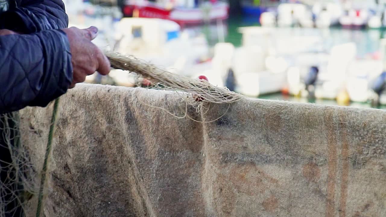 항구에 있는 어망에서 물고기를 풀고 있는 알아볼 수 없는 어부의 클로즈업