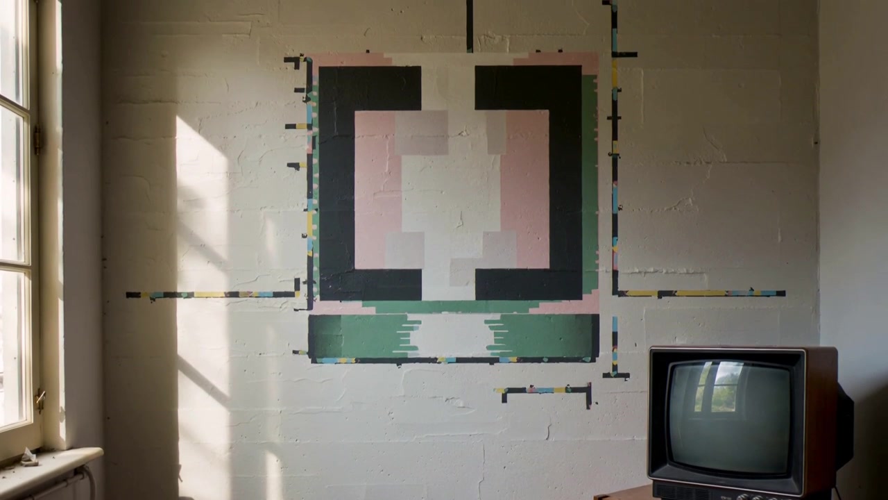 Câmera se deslocando, centralizando mural geométrico em parede de blocos de concreto em estúdio ensolarado, com um CRT sobre o peito.