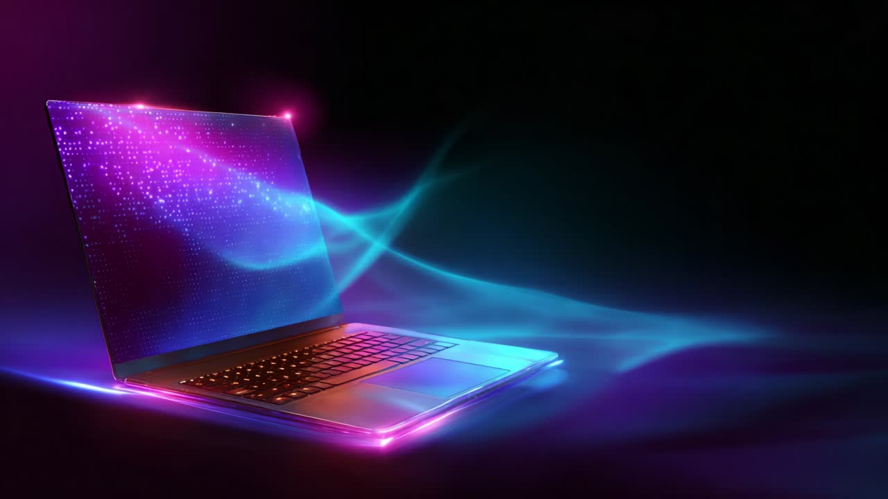 A Stunning Visualization of a Laptop Surrounded by Vibrant Light Trails and Colorful Waves, Demonstrating the Intersection of Technology and Aesthetics Through Modern Graphics and Design Elements