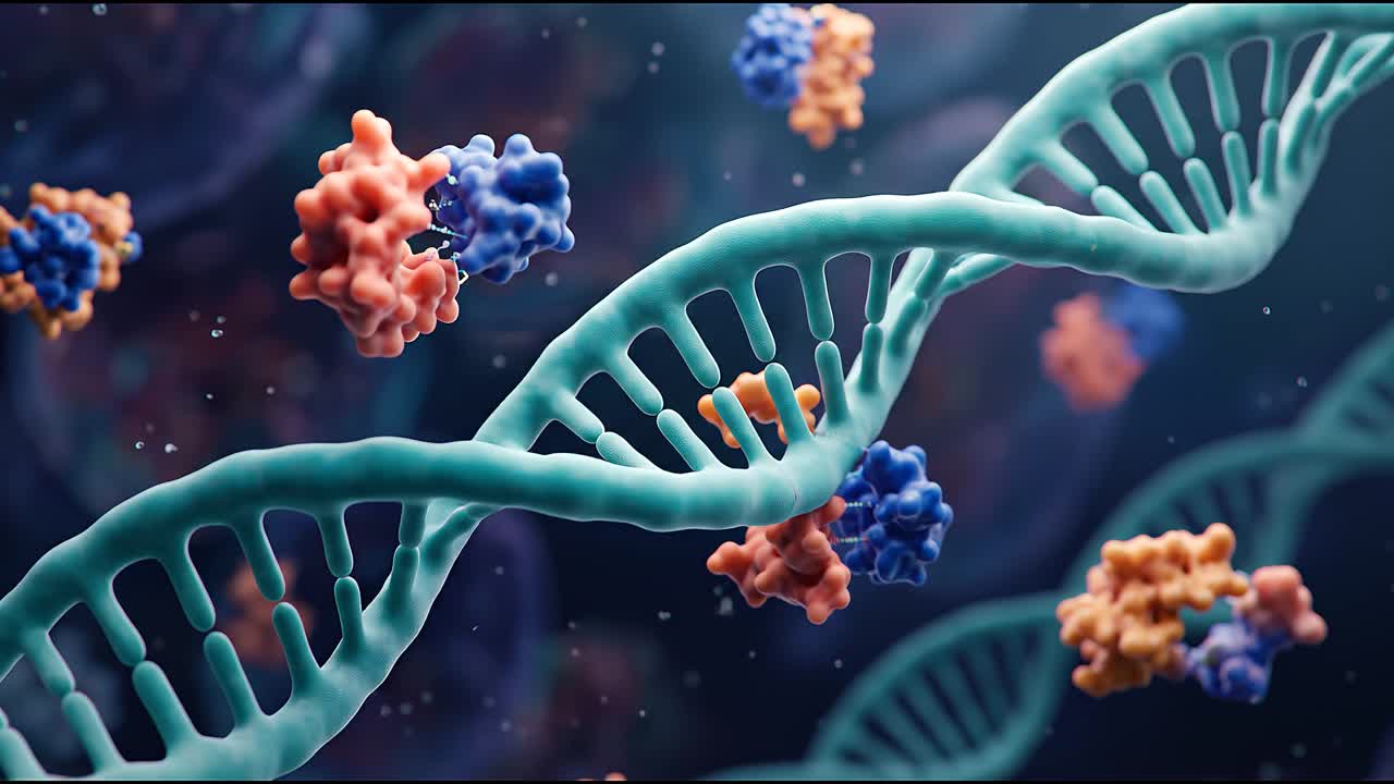 Protein molecules interacting with DNA strand in microscopic view representing molecular biology and genetic processes