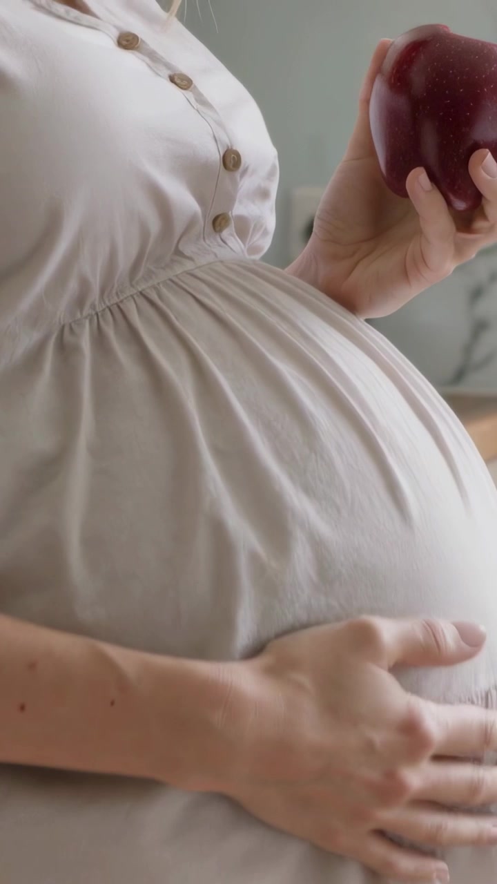 Video verticale: Donna in abito che si accarezza la pancia e morde una mela rossa in cucina, affamata.