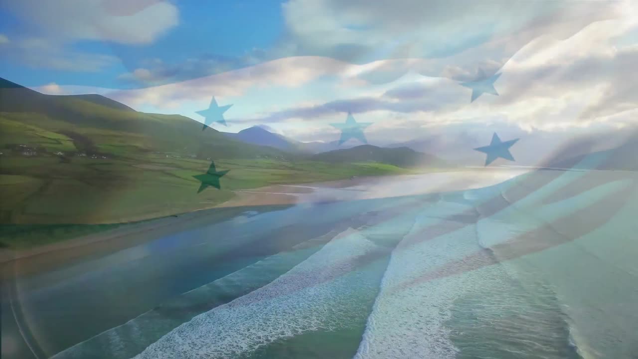 온두라스  ⁇ 발의 디지털 구성은 바다의 파도의 공중 전망에 반해 흔들리고 있습니다.