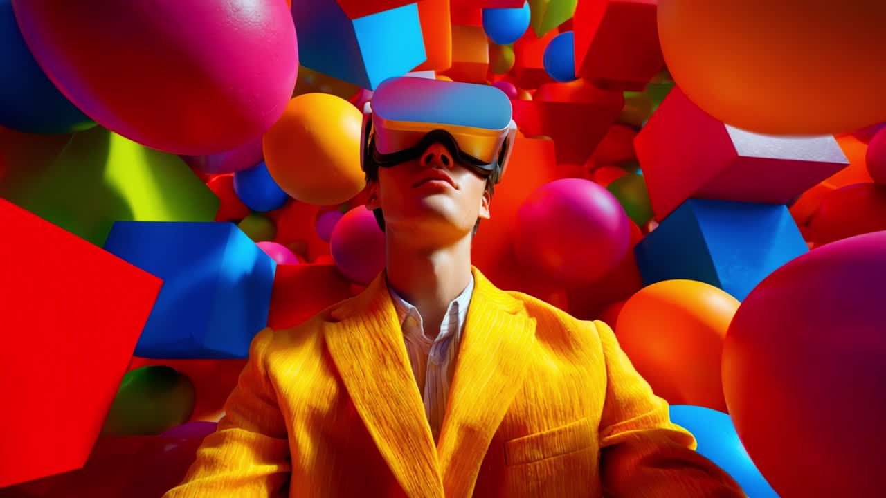A Vibrant Exploration of Virtual Reality: A Person in a Bright Yellow Suit Interacts with Colorful Geometric Shapes and Dynamic Elements in an Immersive Digital Environment