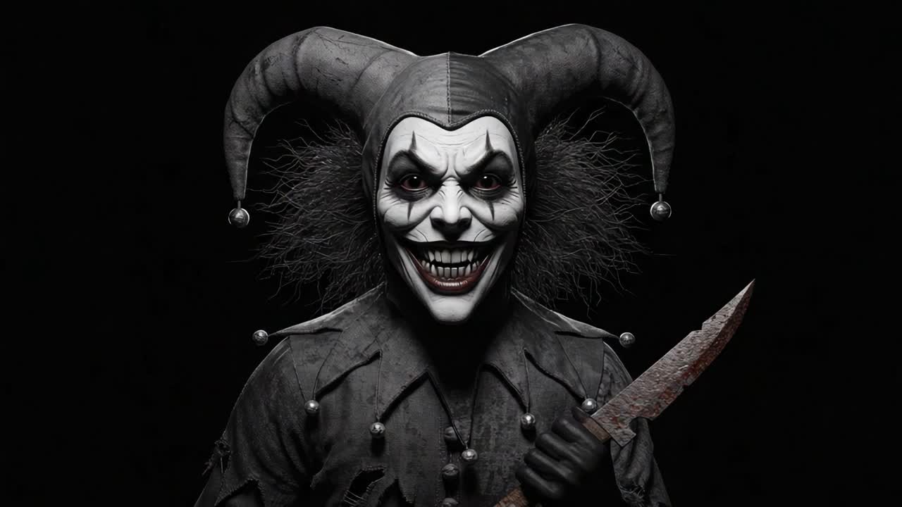 A sinister jester emerges from the shadows, wielding a bloodstained knife with a menacing grin that reflects a dark and twisted personality in an eerie atmosphere