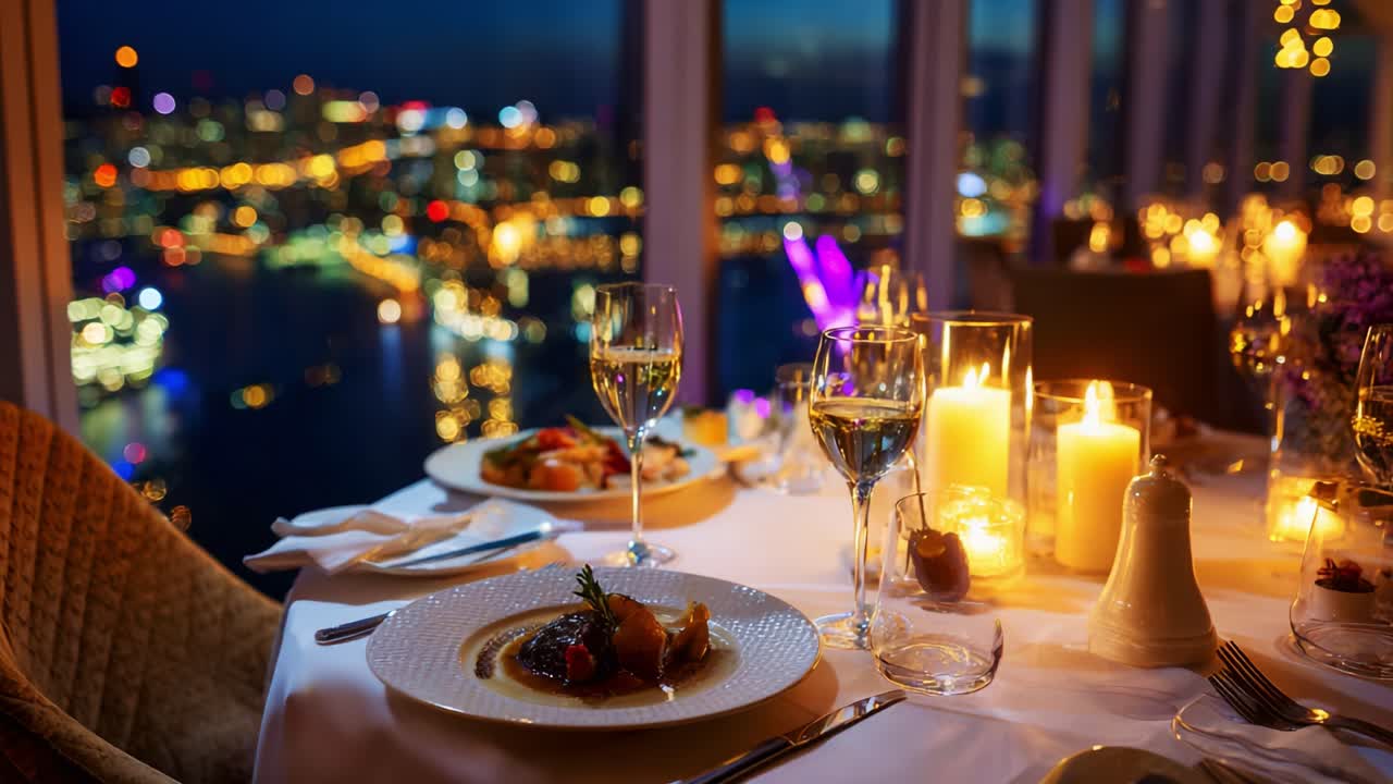 An Exquisite Fine Dining Experience with Delightful Culinary Creations, Elegant Table Setting, and a Stunning Nighttime Cityscape View Illuminated with Sparkling Lights