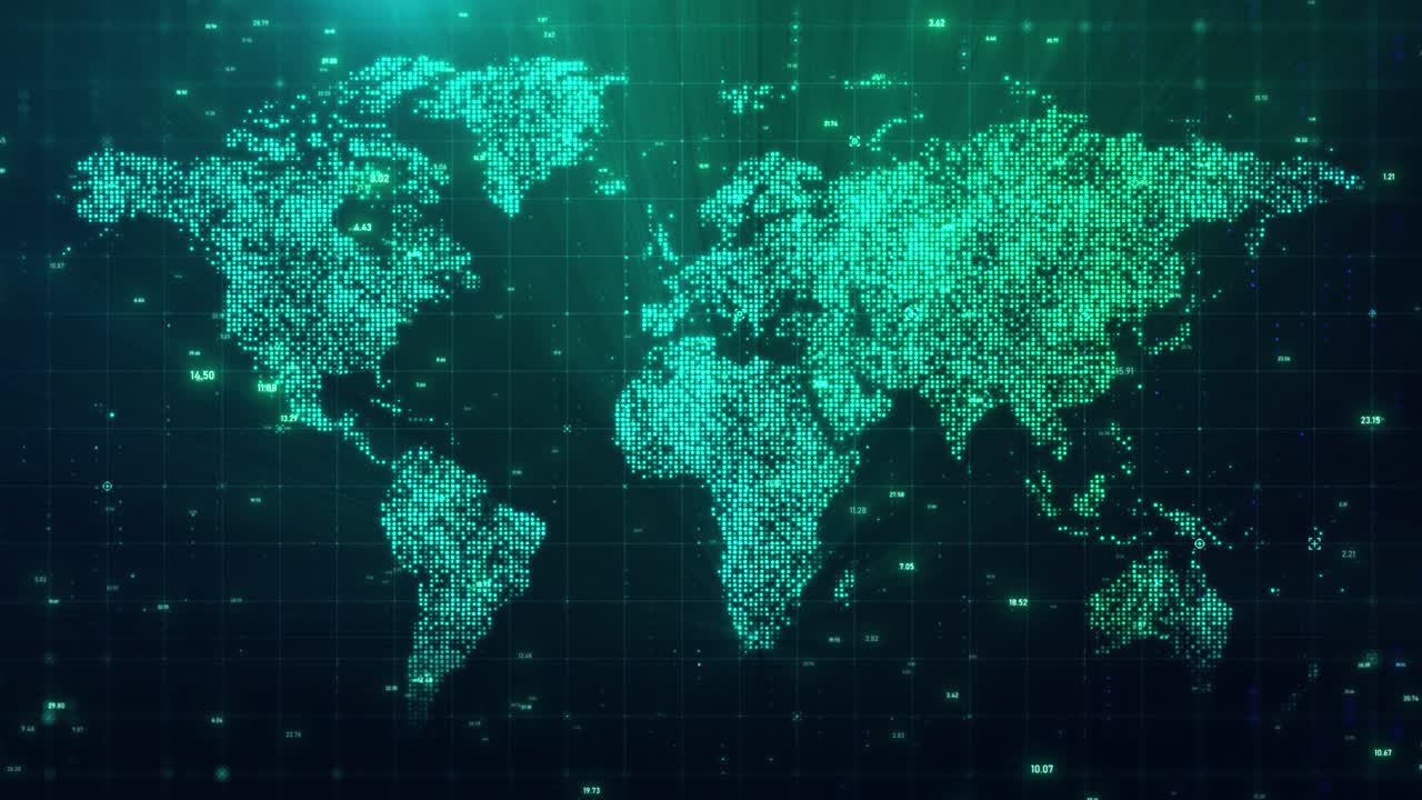 Futuristic Digital World Map Grid Animation with Glowing Green Particles and Data Codes Global Technology Background