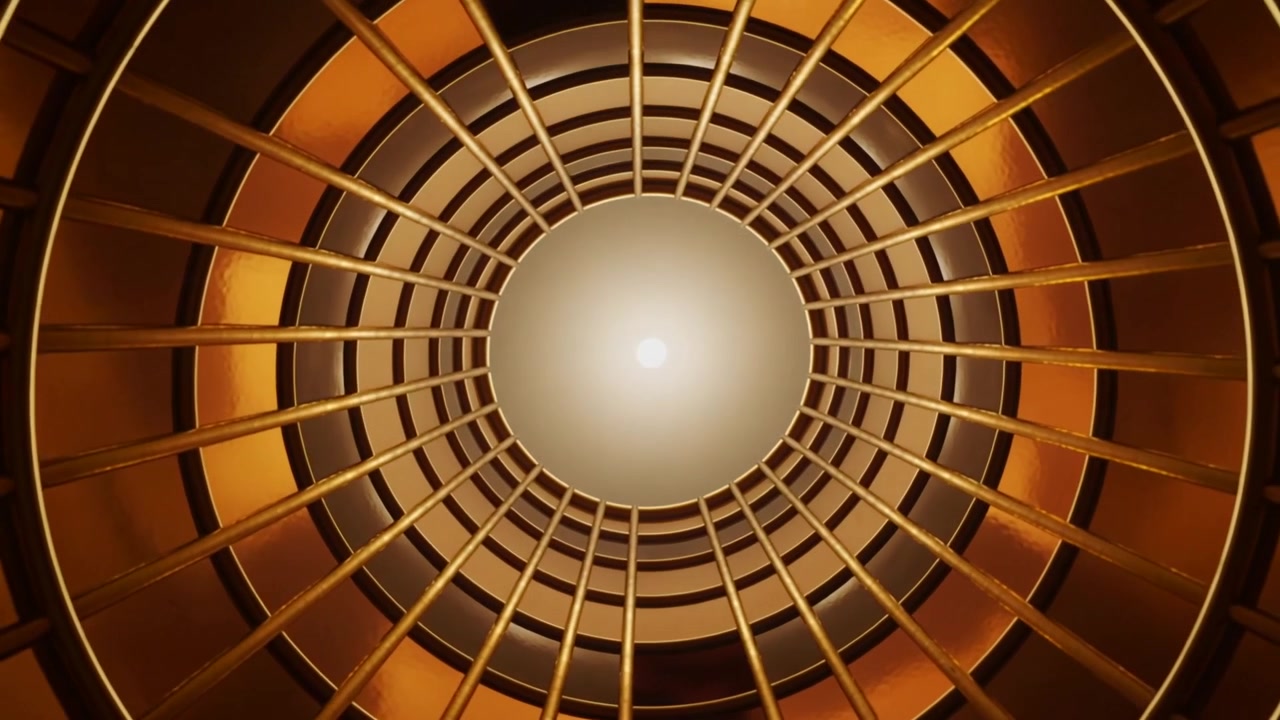 Rotating camera capturing rings and radial bars around changing central amber light in round shaft