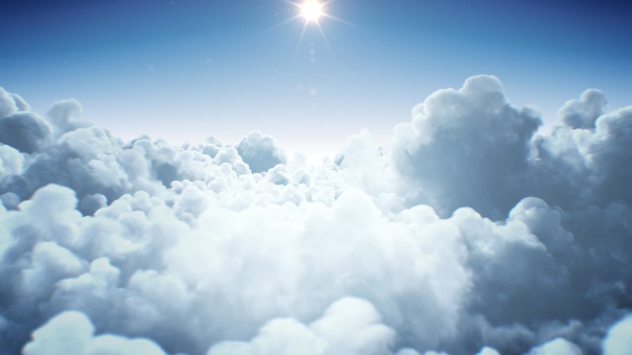 빛나는 밝은 빛 아래 아름다운 끝없는 구름, 은 낮의 빛, 구름 위를 날아다니는 3d 애니메이션.