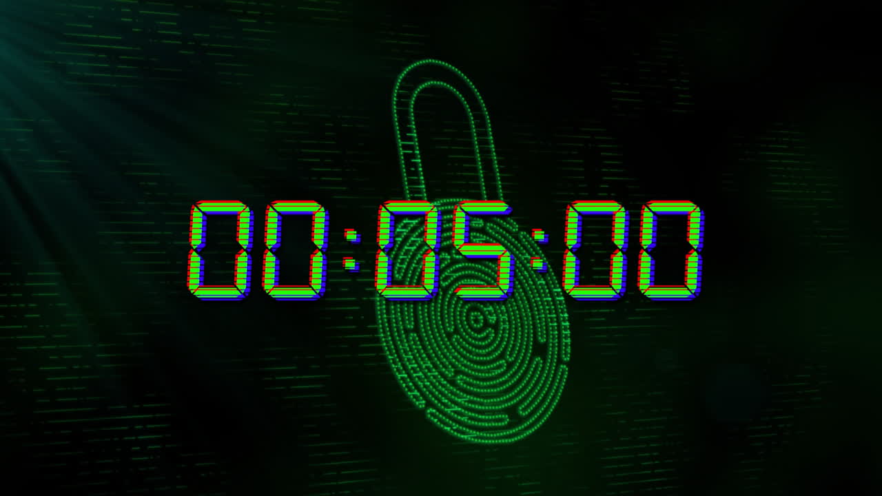 animación de un temporizador de reloj digital azul cambiando sobre un candado biométrico sobre un fondo negro