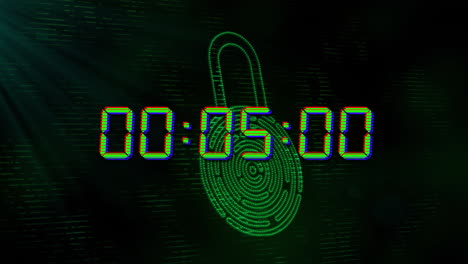 animation of blue digital clock timer changing over biometric padlock on black background