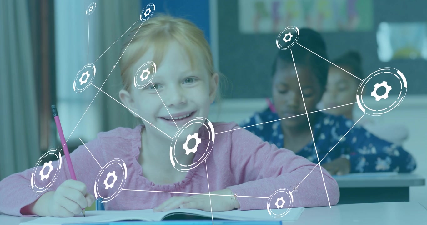 Red-haired student writing with pink pencil, initiating cogs visualizing learning around classroom