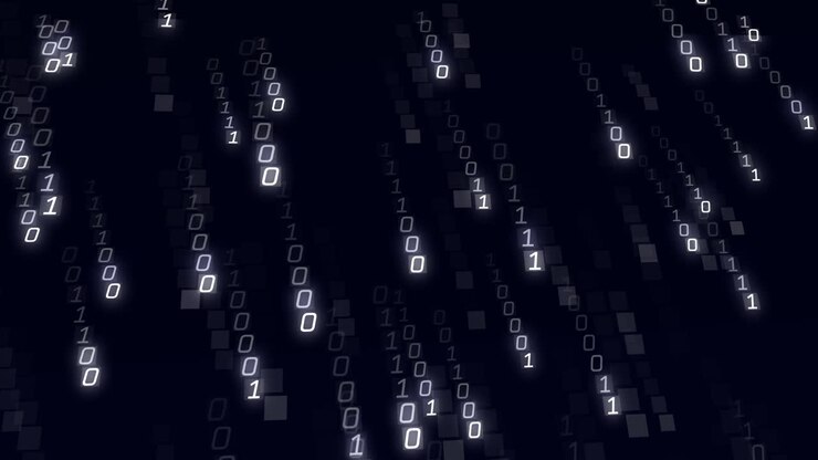 Animation von binärer Codierungsdatenverarbeitung über schwarzem Hintergrund