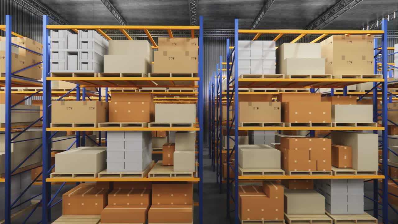 almacén con cajas de cartón en el interior en estantes de paletas, centro logístico. loft almacén moderno. cajas de cardboard en una cinta transportadora en un almacén, animación de renderización 4k 3d.