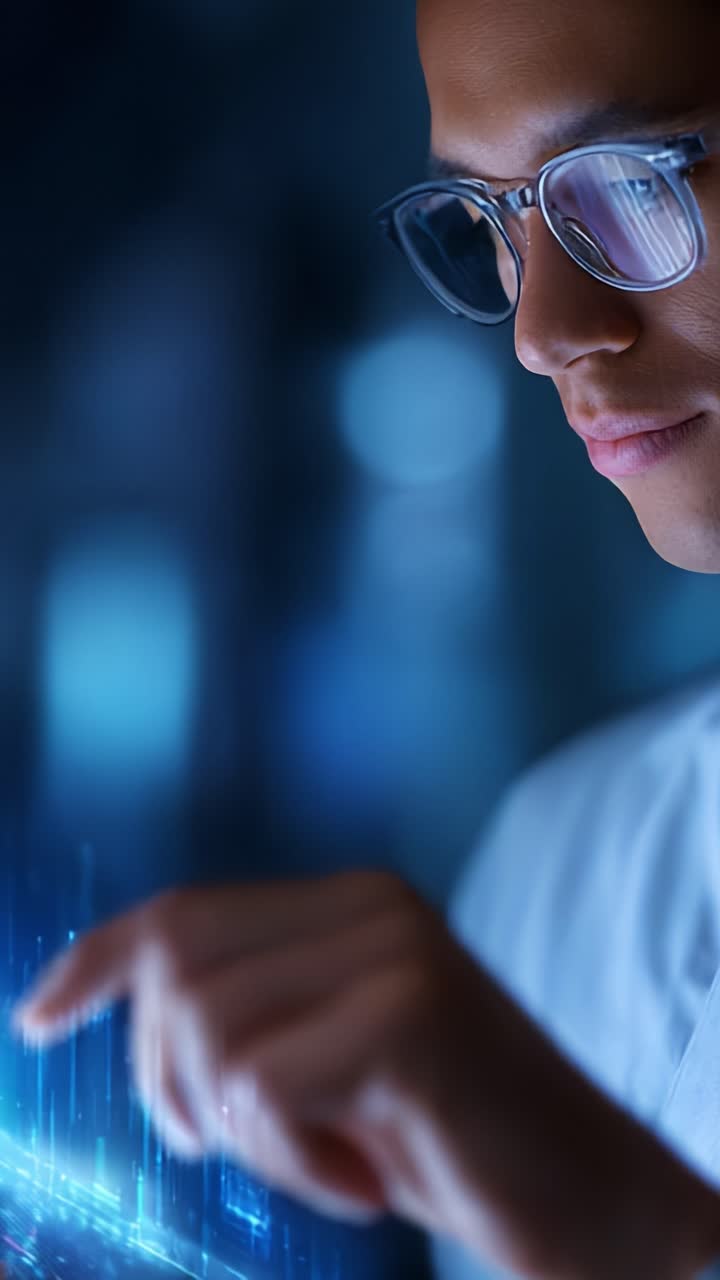 En fokuseret person interagerer med en futuristisk digital brugerflade og fremviser datavisualisering gennem levende, glødende grafer og moderne teknologi i aktion.